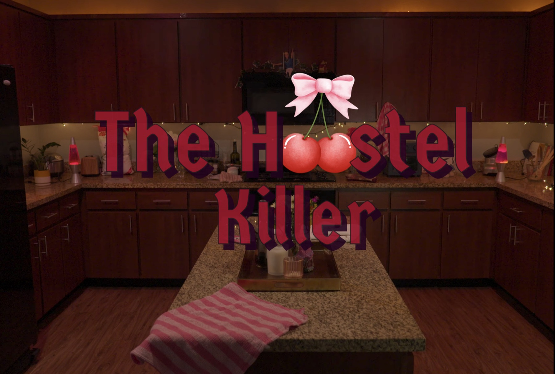 The complete title The Hostel Killer over a warm, cherry-decorated kitchen